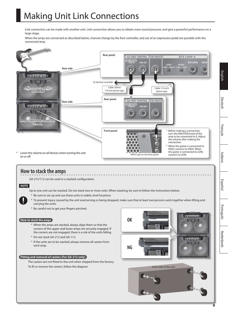 Making unit link connections, How to stack the amps, Ok ng | Roland GA-212 User Manual | Page 11 / 92