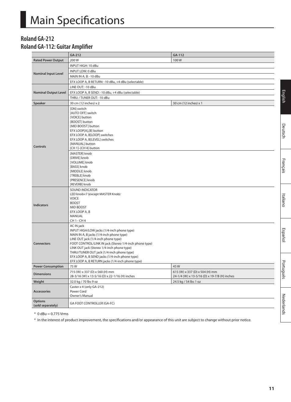 Main specifications | Roland GA-212 User Manual | Page 13 / 92