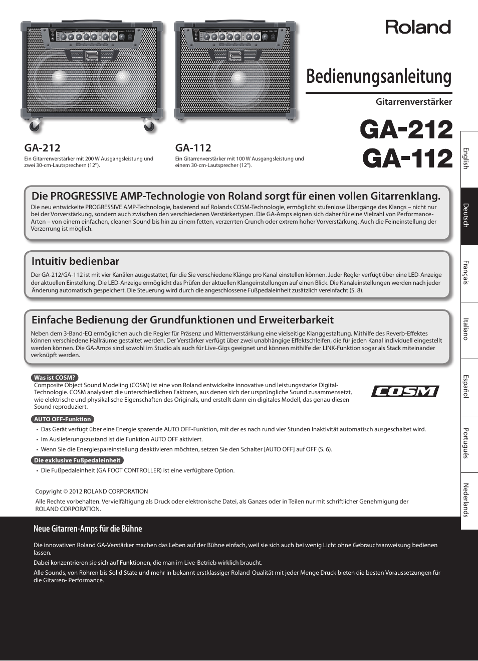 Deutsch, Bedienungsanleitung, Ga-212 | Ga-112, Intuitiv bedienbar, Gitarrenverstärker, Neue gitarren-amps für die bühne | Roland GA-212 User Manual | Page 15 / 92