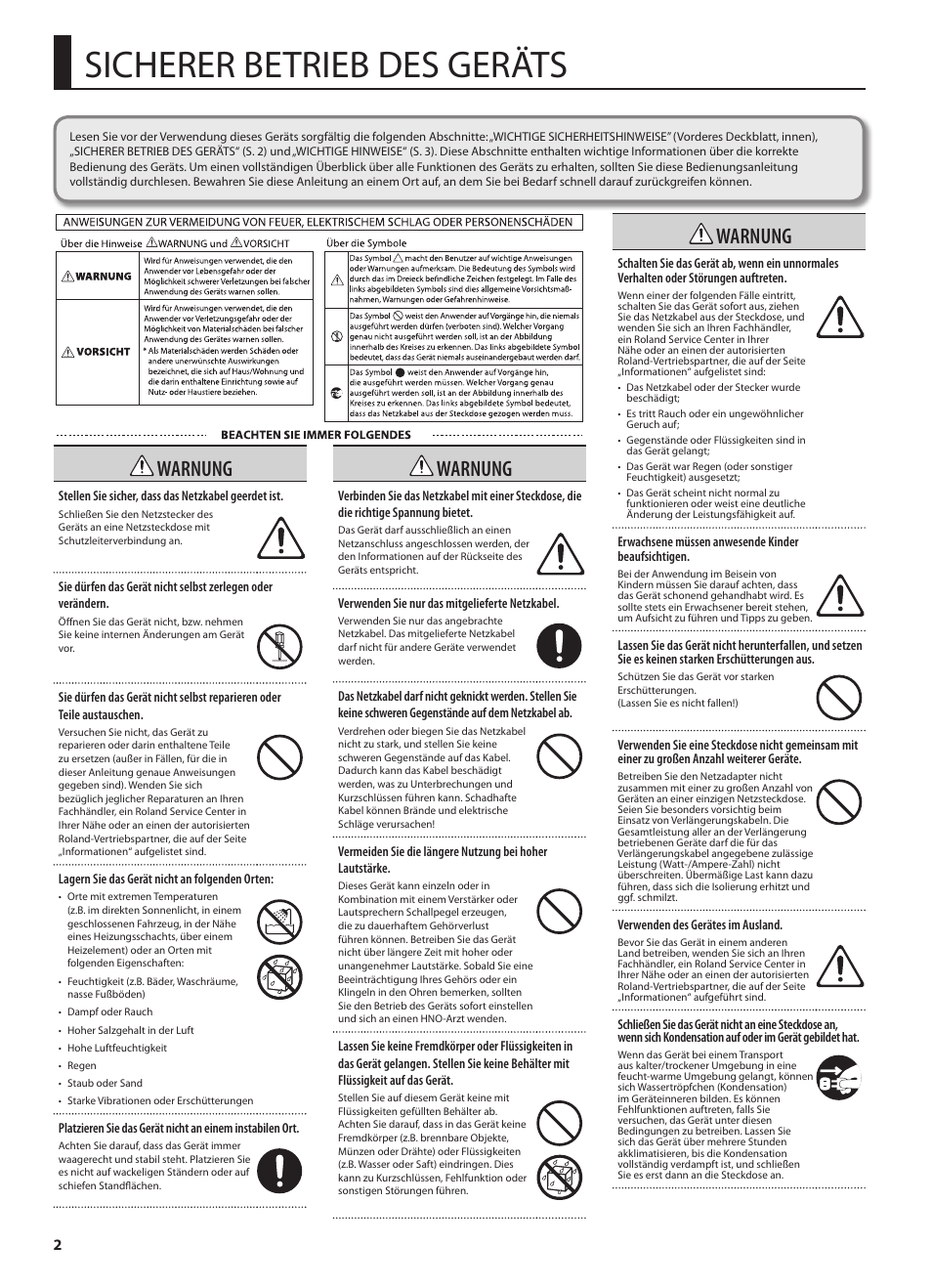 Sicherer betrieb des geräts, Warnung | Roland GA-212 User Manual | Page 16 / 92