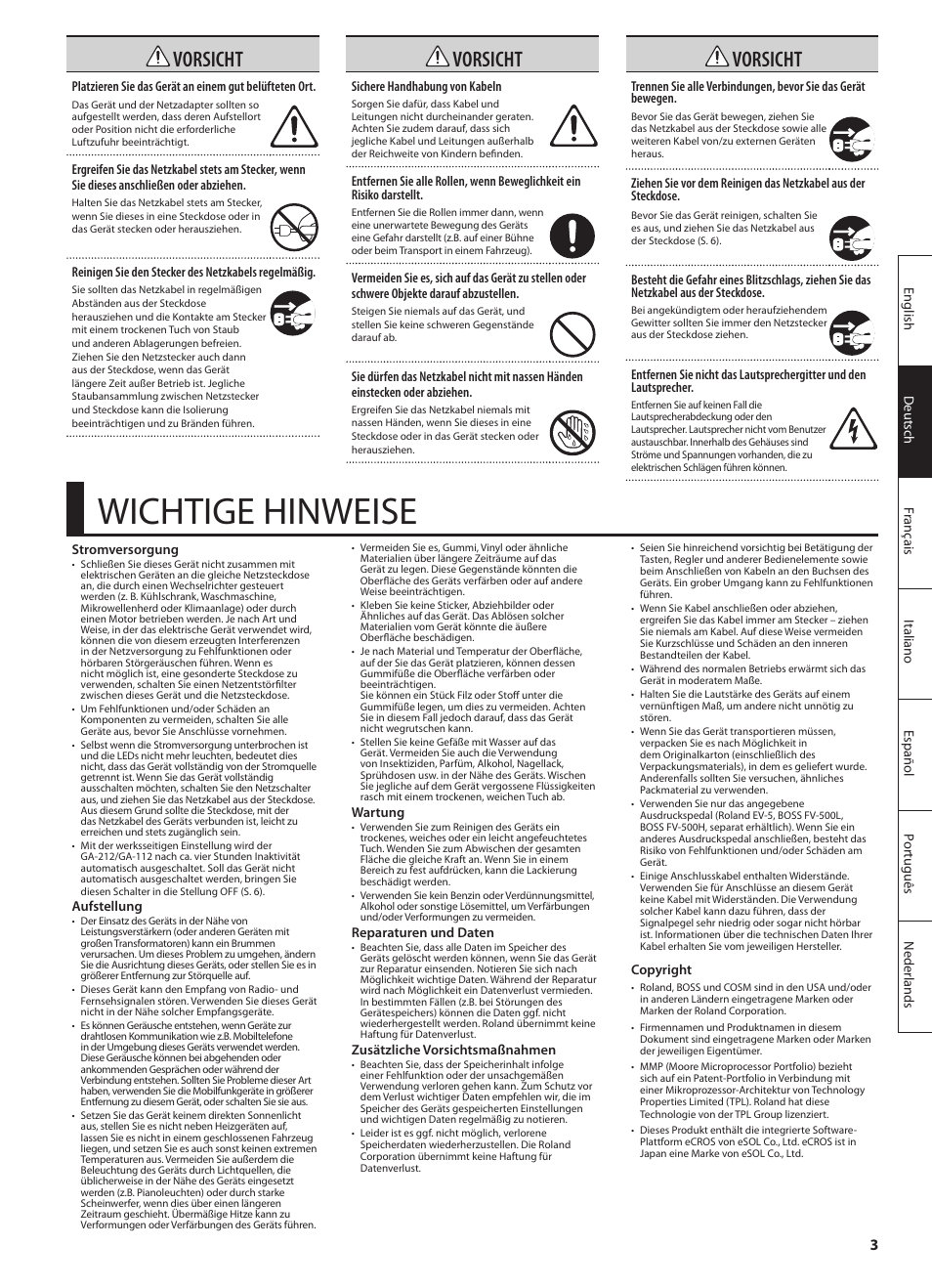 Wichtige hinweise, Vorsicht | Roland GA-212 User Manual | Page 17 / 92