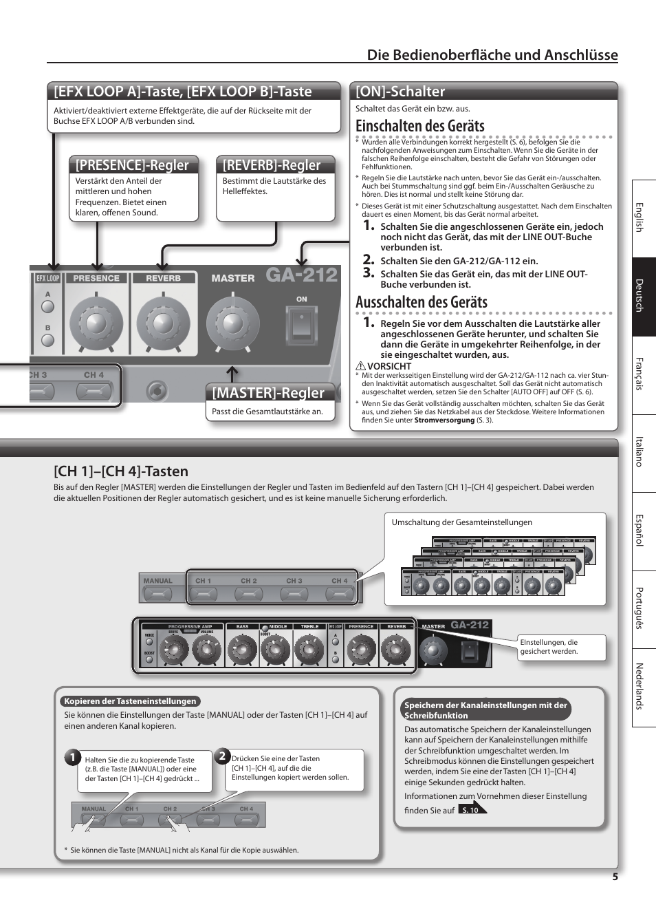 Einschalten des geräts, Ausschalten des geräts, Die bedienoberfläche und anschlüsse | Efx loop a]-taste, [efx loop b]-taste, On]-schalter, Master]-regler, Presence]-regler, Reverb]-regler, Ch 1]–[ch 4]-tasten | Roland GA-212 User Manual | Page 19 / 92