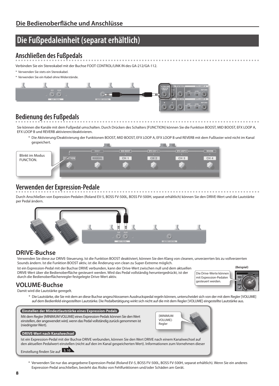 Die fußpedaleinheit (separat erhältlich), Die bedienoberfläche und anschlüsse, Drive-buchse | Volume-buchse | Roland GA-212 User Manual | Page 22 / 92