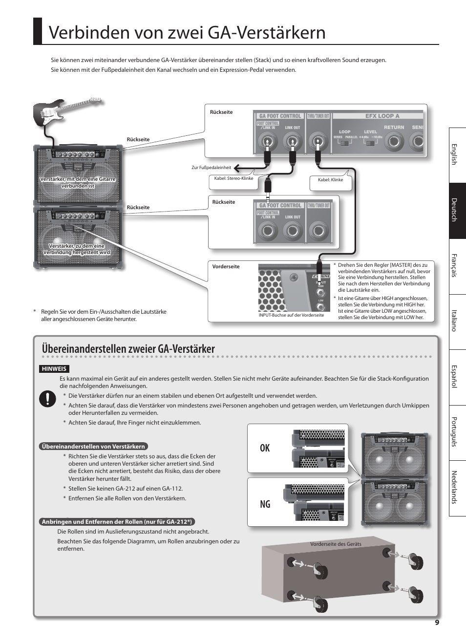 Verbinden von zwei ga-verstärkern, Übereinanderstellen zweier ga-verstärker, Ok ng | Roland GA-212 User Manual | Page 23 / 92