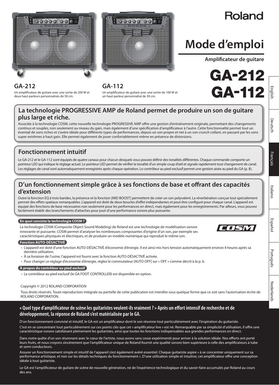 Français, Mode d’emploi, Ga-212 | Ga-112, Fonctionnement intuitif, Amplificateur de guitare | Roland GA-212 User Manual | Page 27 / 92