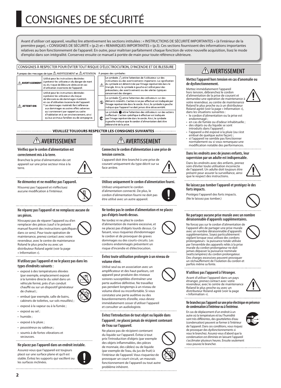 Consignes de sécurité, Avertissement | Roland GA-212 User Manual | Page 28 / 92