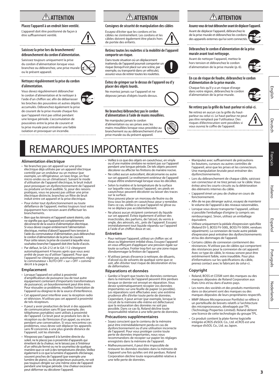 Remarques importantes, Attention | Roland GA-212 User Manual | Page 29 / 92