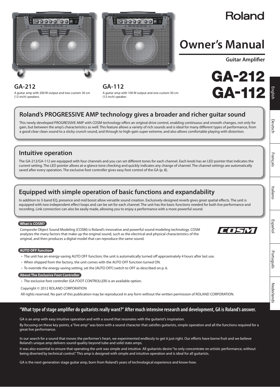 English, Owner’s manual, Ga-212 | Ga-112, Intuitive operation, Guitar amplifier | Roland GA-212 User Manual | Page 3 / 92