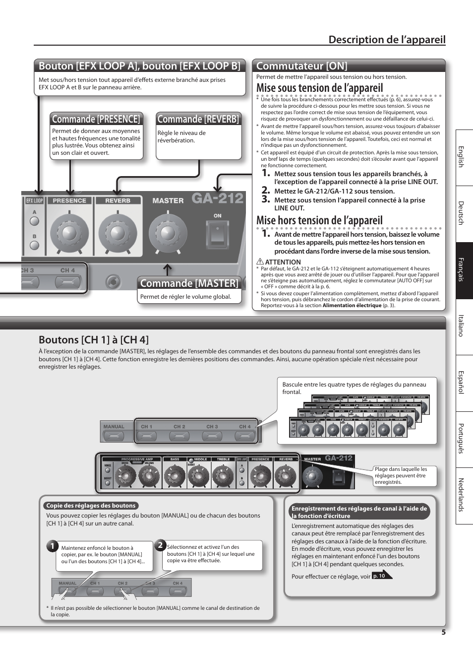 Mise sous tension de l’appareil, Mise hors tension de l’appareil, Description de l’appareil | Bouton [efx loop a], bouton [efx loop b, Commutateur [on, Commande [master, Commande [presence, Commande [reverb, Boutons [ch 1] à [ch 4 | Roland GA-212 User Manual | Page 31 / 92