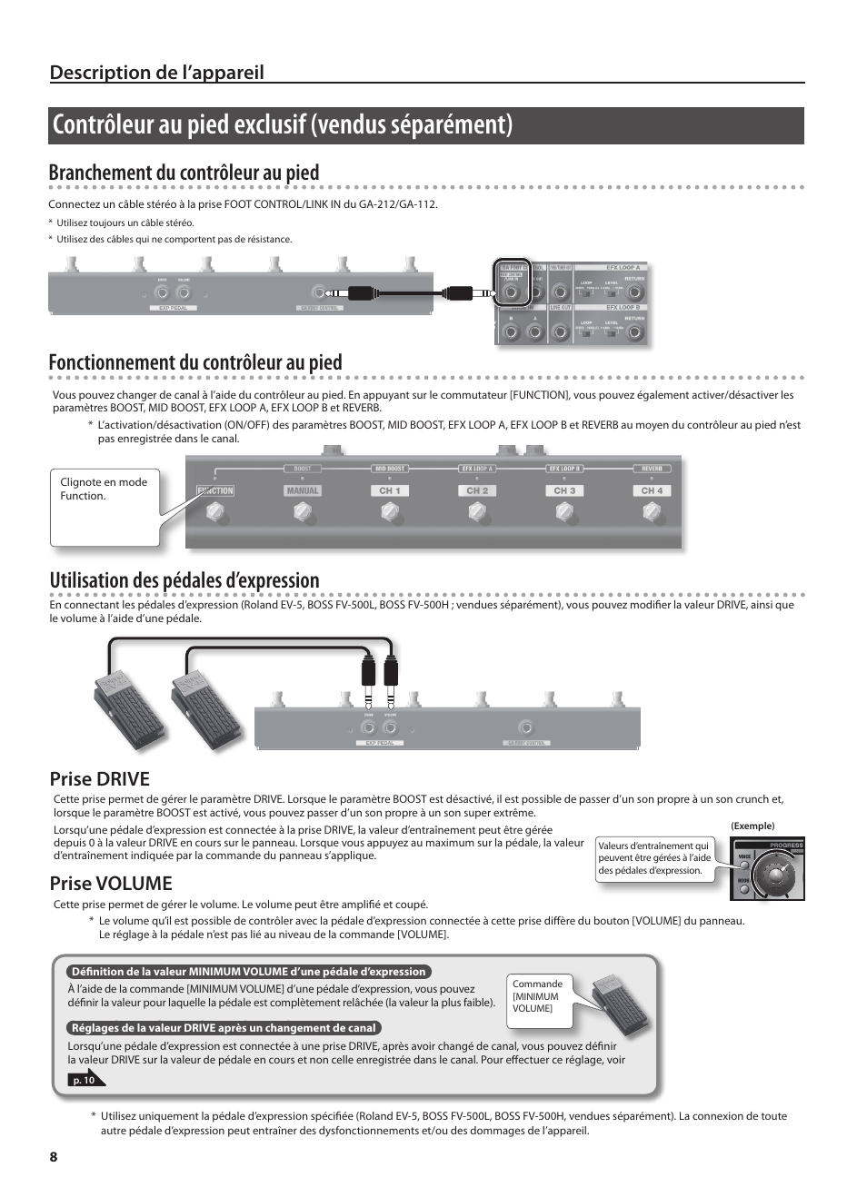 Contrôleur au pied exclusif (vendus séparément), Description de l’appareil, Prise drive | Prise volume | Roland GA-212 User Manual | Page 34 / 92