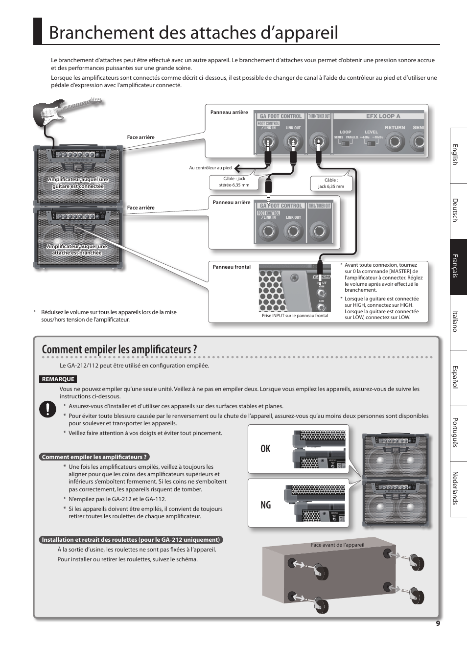 Branchement des attaches d’appareil, Comment empiler les amplificateurs, Ok ng | Roland GA-212 User Manual | Page 35 / 92