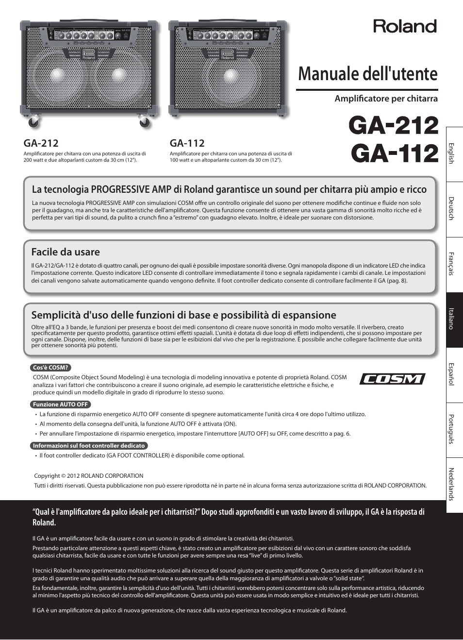 Italiano, Manuale dell'utente, Ga-212 | Ga-112, Facile da usare, Amplificatore per chitarra | Roland GA-212 User Manual | Page 39 / 92