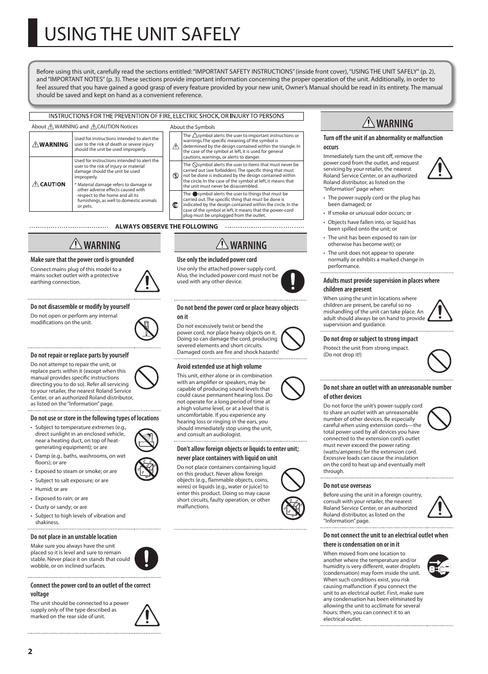 Using the unit safely, Warning | Roland GA-212 User Manual | Page 4 / 92