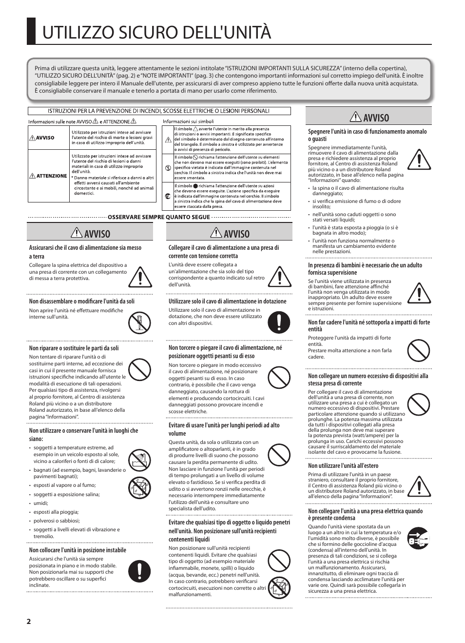 Utilizzo sicuro dell'unità, Avviso | Roland GA-212 User Manual | Page 40 / 92