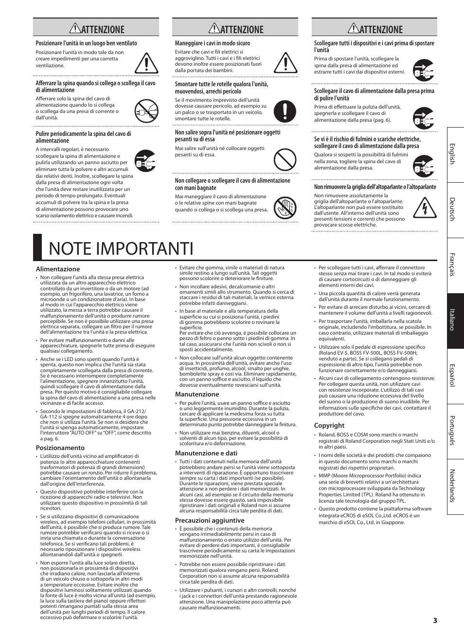 Attenzione | Roland GA-212 User Manual | Page 41 / 92