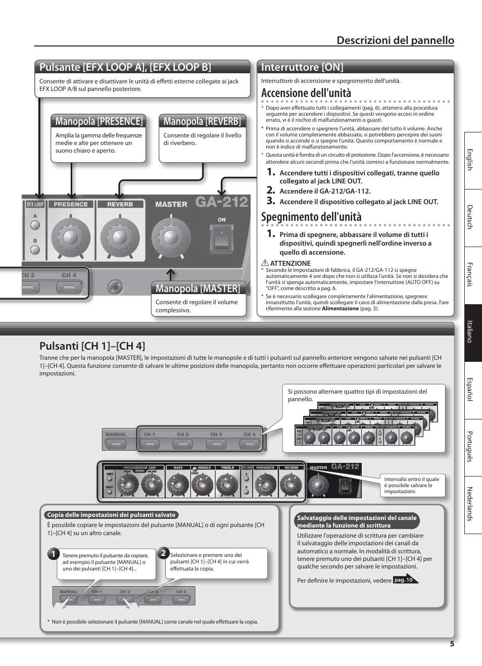 Accensione dell'unità, Spegnimento dell'unità, Descrizioni del pannello | Pulsante [efx loop a], [efx loop b, Interruttore [on, Manopola [master, Manopola [presence, Manopola [reverb, Pulsanti [ch 1]–[ch 4 | Roland GA-212 User Manual | Page 43 / 92