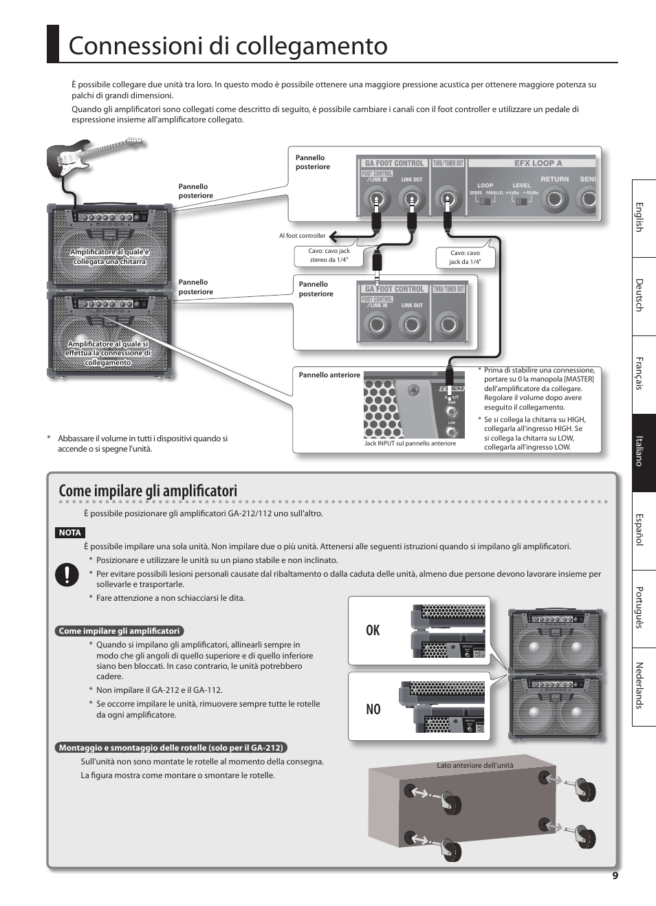 Connessioni di collegamento, Come impilare gli amplificatori, Ok no | Roland GA-212 User Manual | Page 47 / 92