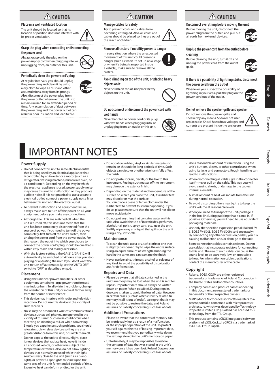 Caution | Roland GA-212 User Manual | Page 5 / 92