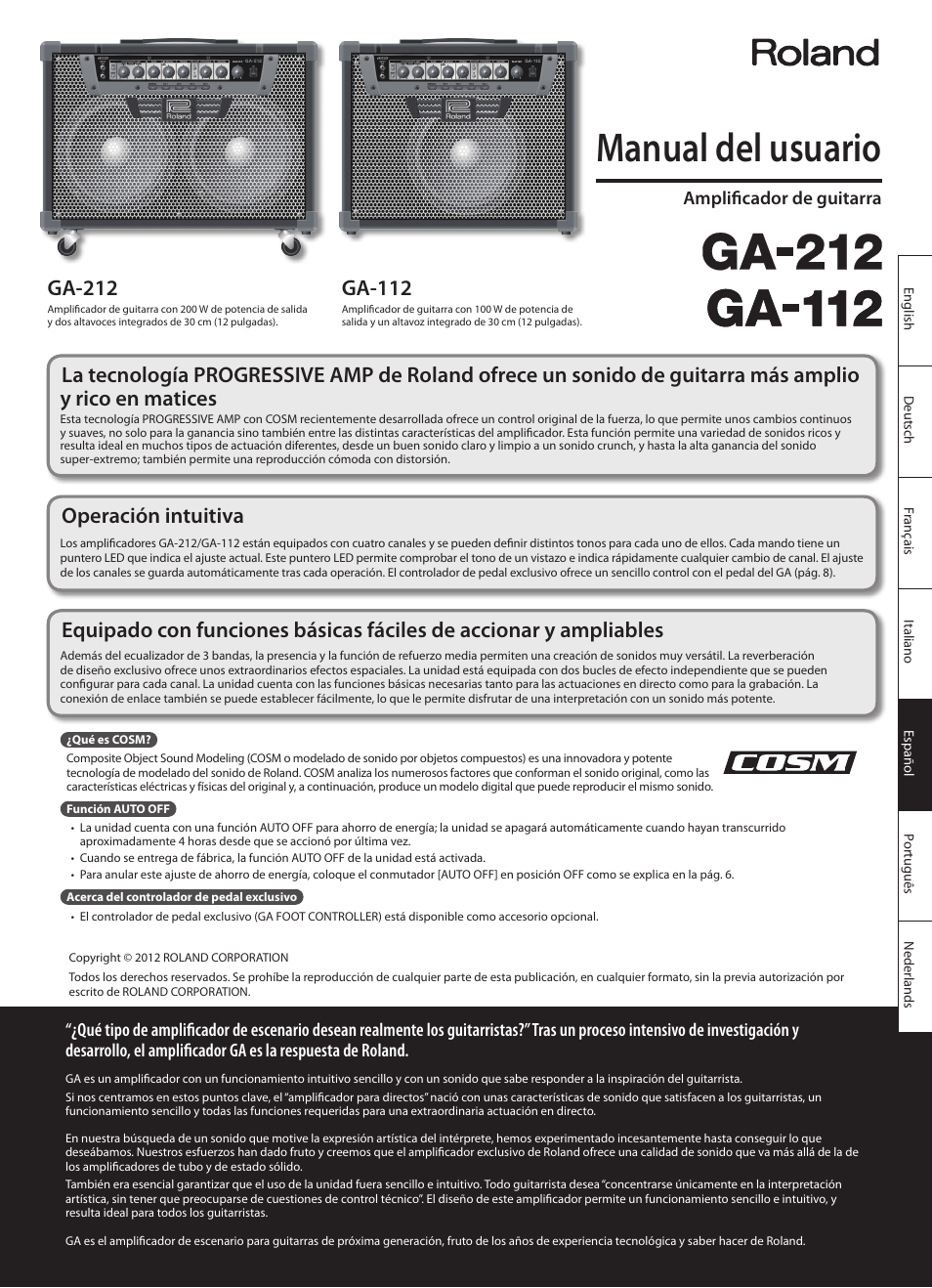 Español, Manual del usuario, Ga-212 | Ga-112, Operación intuitiva, Amplificador de guitarra | Roland GA-212 User Manual | Page 51 / 92