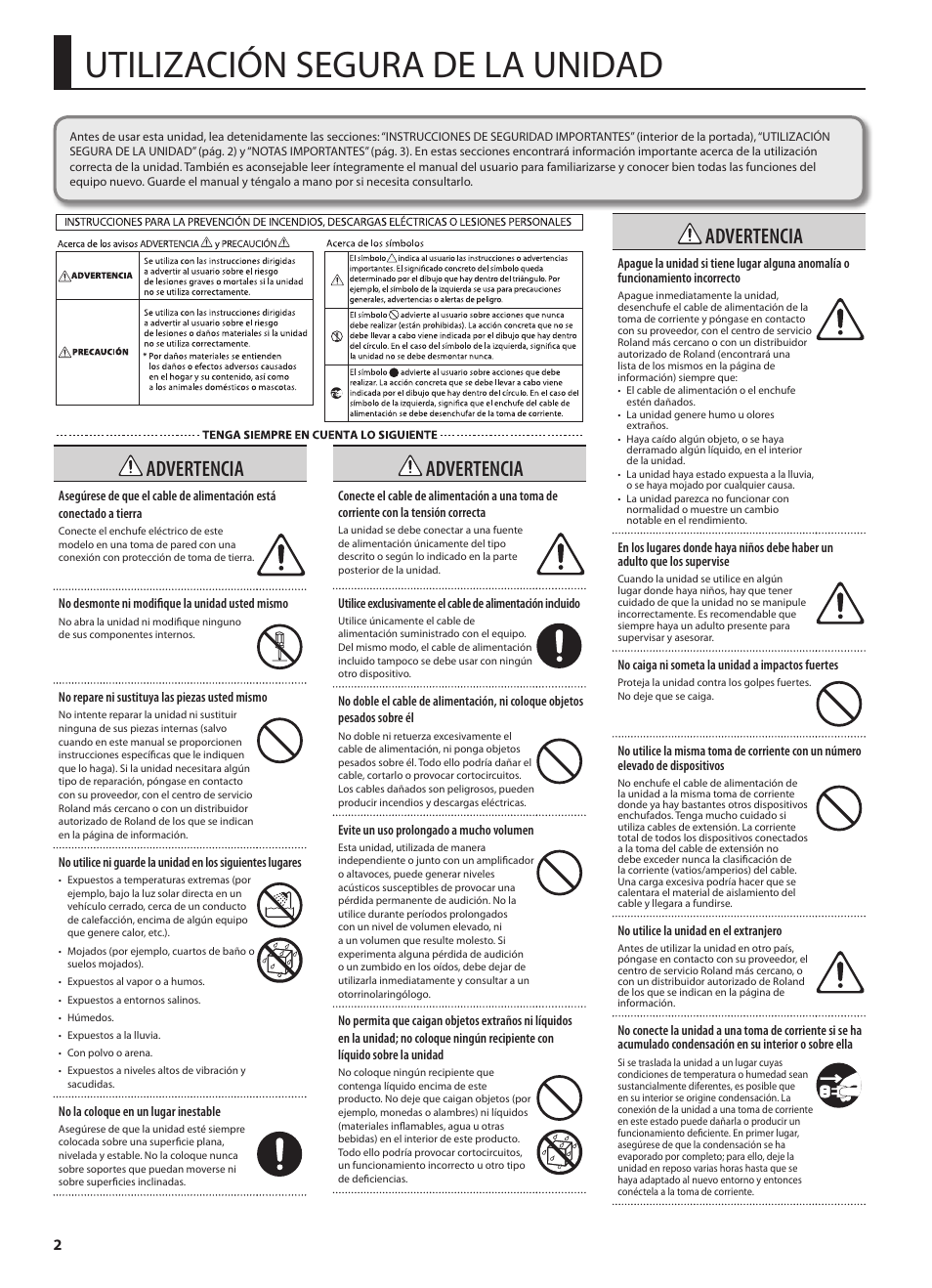 Utilización segura de la unidad, Advertencia | Roland GA-212 User Manual | Page 52 / 92