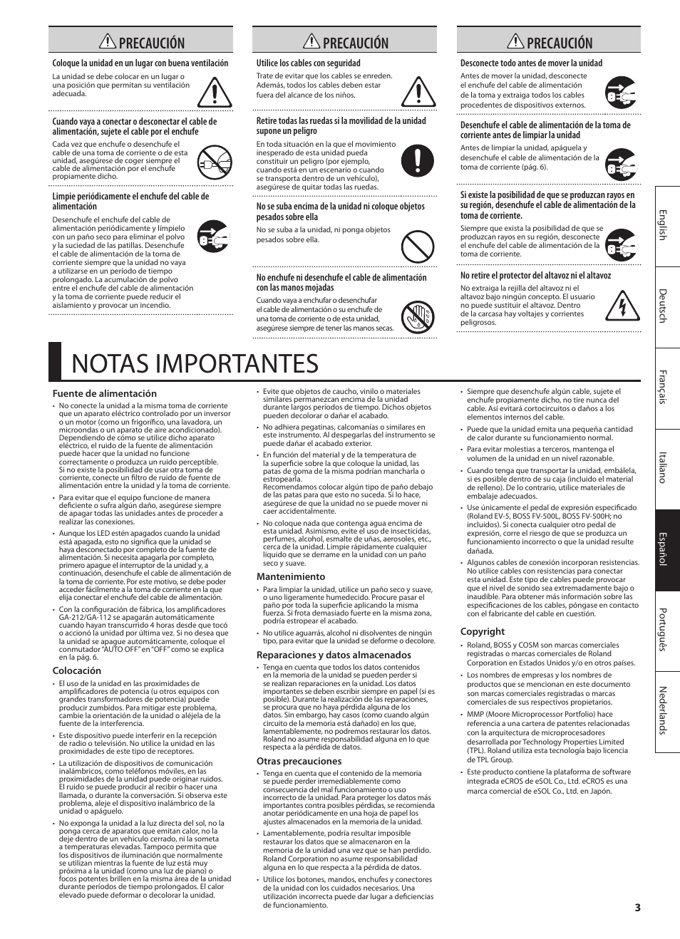 Notas importantes, Precaución | Roland GA-212 User Manual | Page 53 / 92