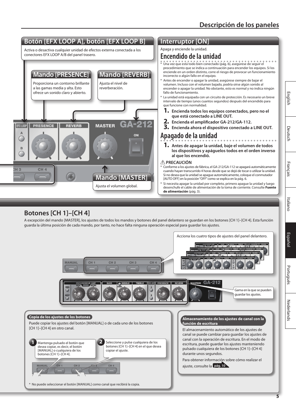 Encendido de la unidad, Apagado de la unidad, Descripción de los paneles | Botón [efx loop a], botón [efx loop b, Interruptor [on, Mando [master, Mando [presence, Mando [reverb, Botones [ch 1]–[ch 4 | Roland GA-212 User Manual | Page 55 / 92