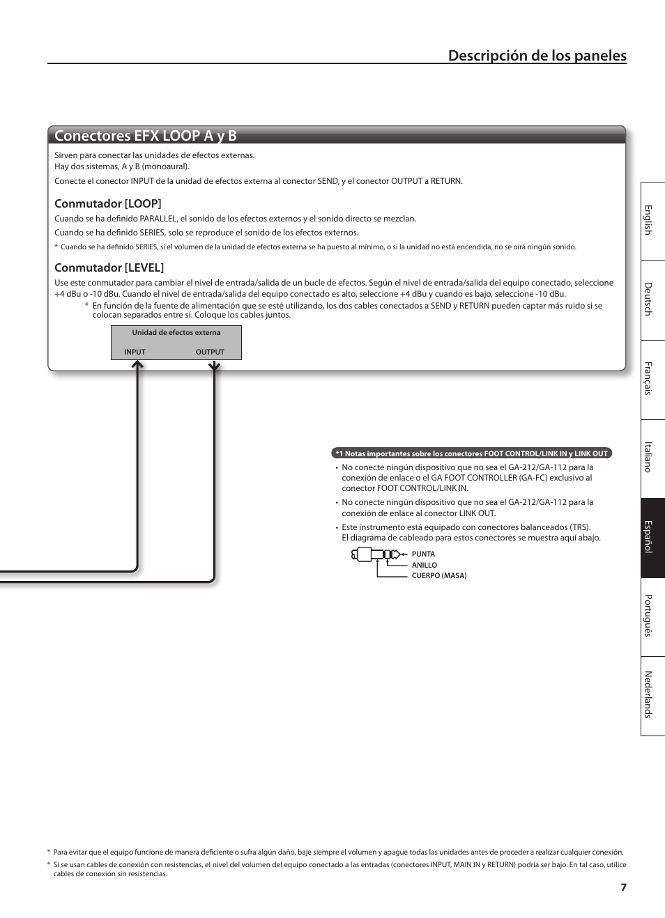 Descripción de los paneles, Conectores efx loop a y b, Conmutador [loop | Conmutador [level | Roland GA-212 User Manual | Page 57 / 92