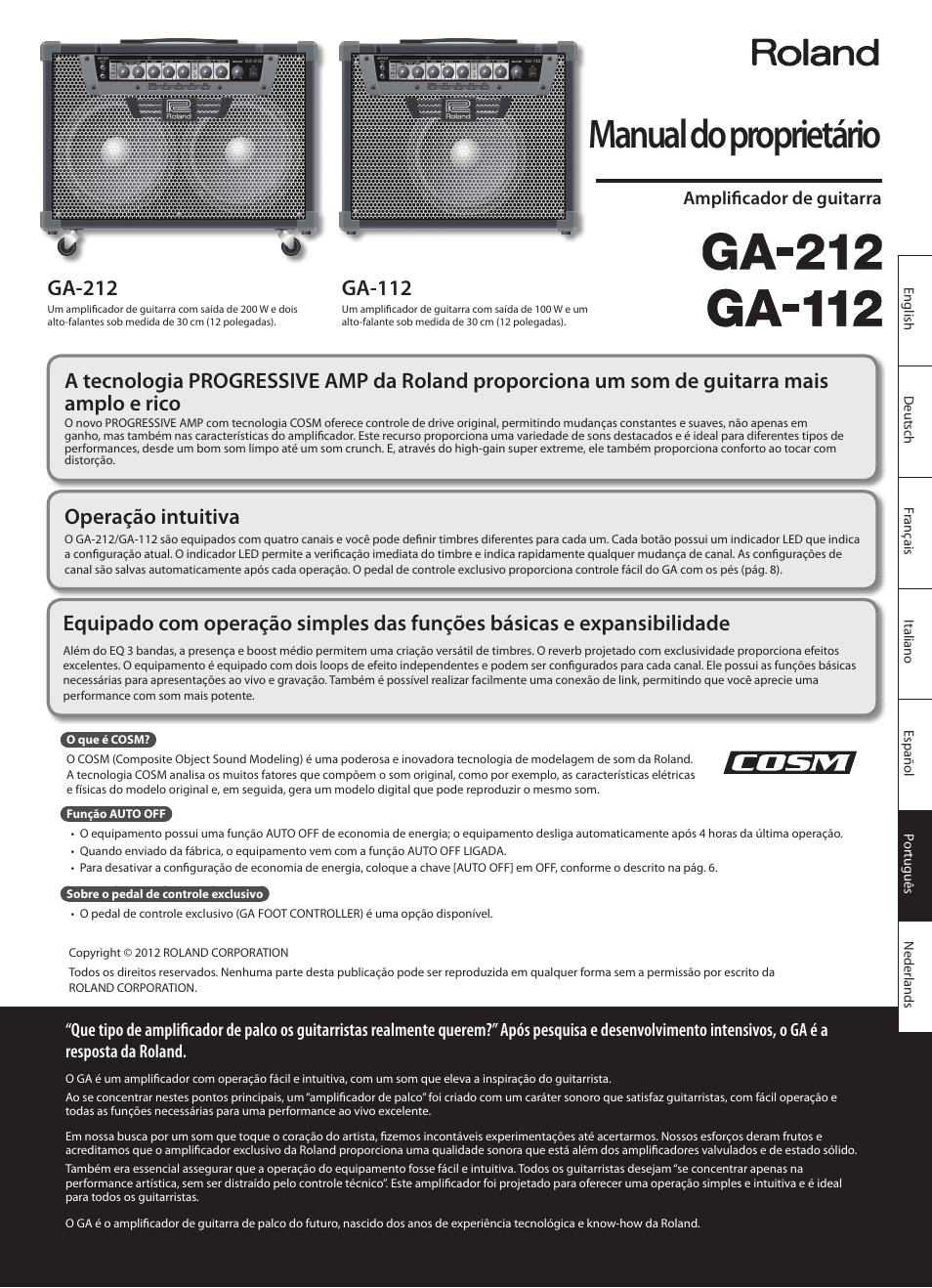 Português, Manual do proprietário, Ga-212 | Ga-112, Operação intuitiva, Amplificador de guitarra | Roland GA-212 User Manual | Page 63 / 92