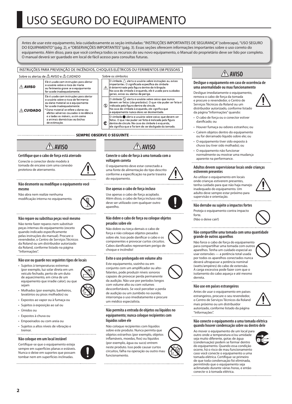 Uso seguro do equipamento, Aviso | Roland GA-212 User Manual | Page 64 / 92