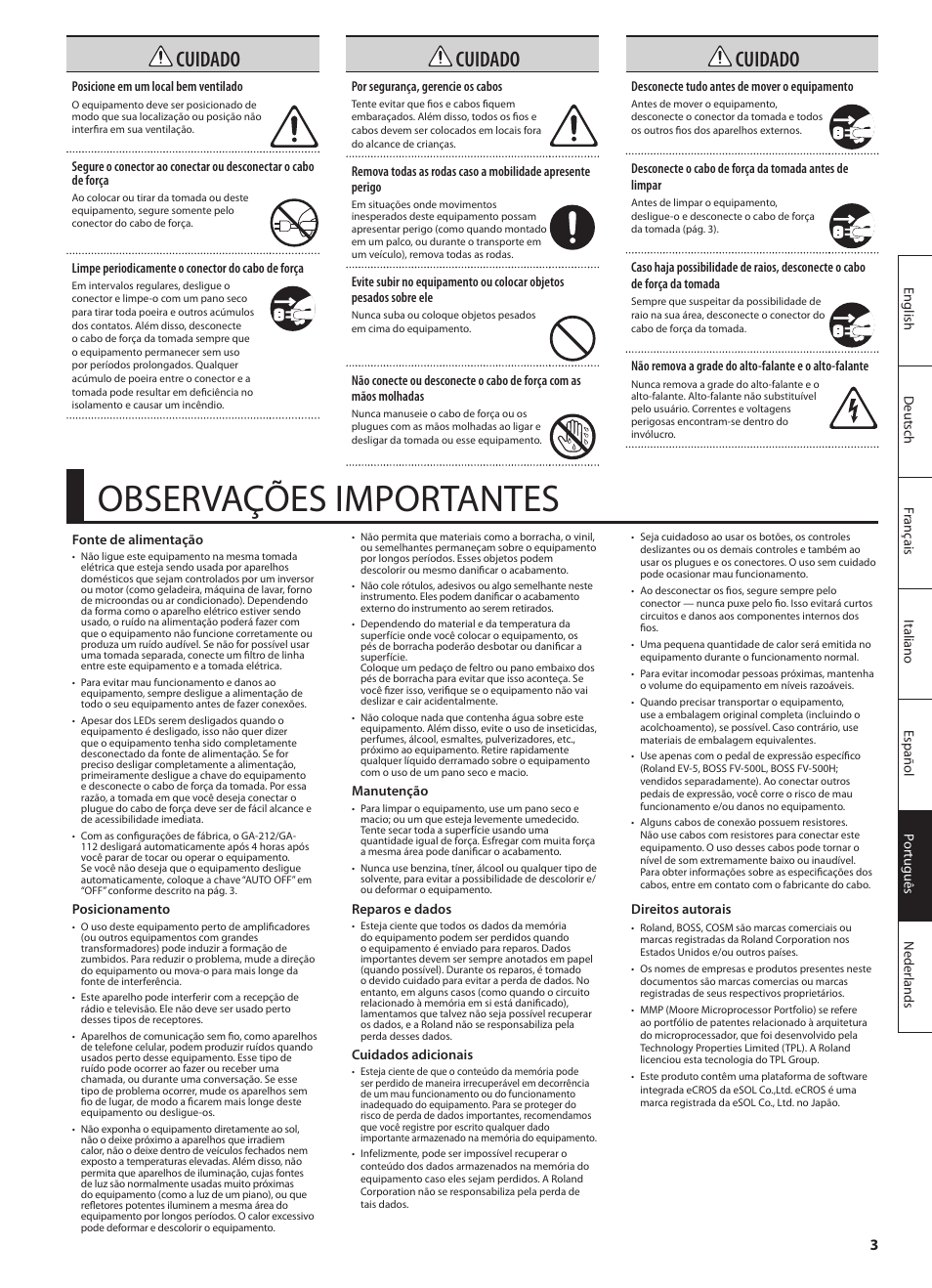 Observações importantes, Cuidado | Roland GA-212 User Manual | Page 65 / 92