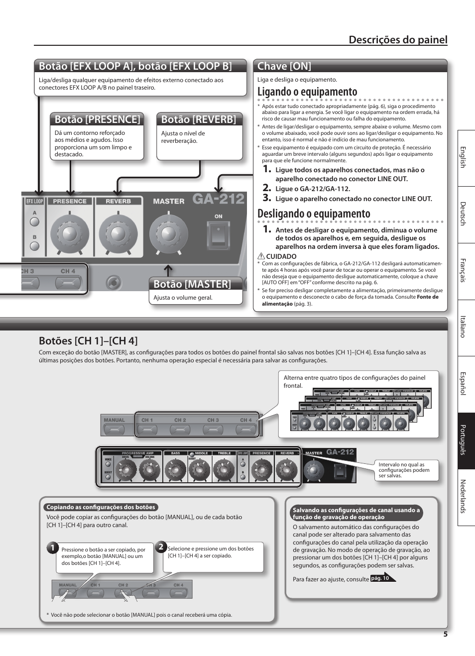 Ligando o equipamento, Desligando o equipamento, Descrições do painel | Botão [efx loop a], botão [efx loop b, Chave [on, Botão [master, Botão [presence, Botão [reverb, Botões [ch 1]–[ch 4 | Roland GA-212 User Manual | Page 67 / 92