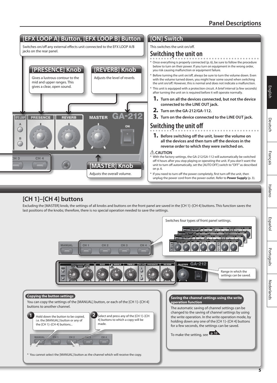 Switching the unit on, Switching the unit off, Panel descriptions | Efx loop a] button, [efx loop b] button, On] switch, Master] knob, Presence] knob, Reverb] knob, Ch 1]–[ch 4] buttons | Roland GA-212 User Manual | Page 7 / 92