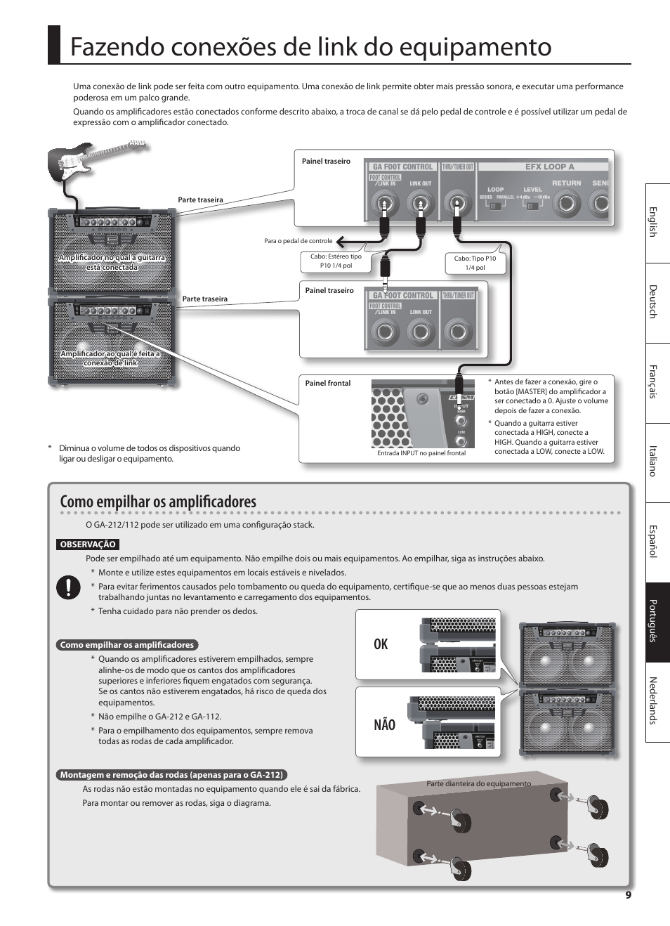 Fazendo conexões de link do equipamento, Como empilhar os amplificadores, Ok não | Roland GA-212 User Manual | Page 71 / 92