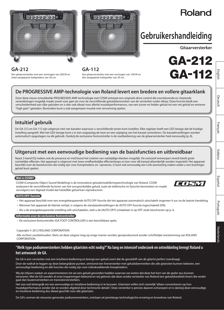 Nederlands, Gebruikershandleiding, Ga-212 | Ga-112, Intuïtief gebruik, Gitaarversterker | Roland GA-212 User Manual | Page 75 / 92