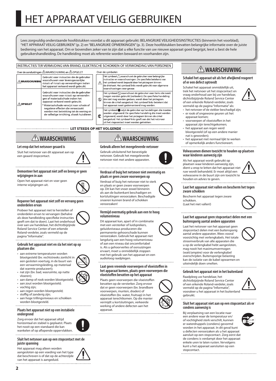 Het apparaat veilig gebruiken, Waarschuwing | Roland GA-212 User Manual | Page 76 / 92