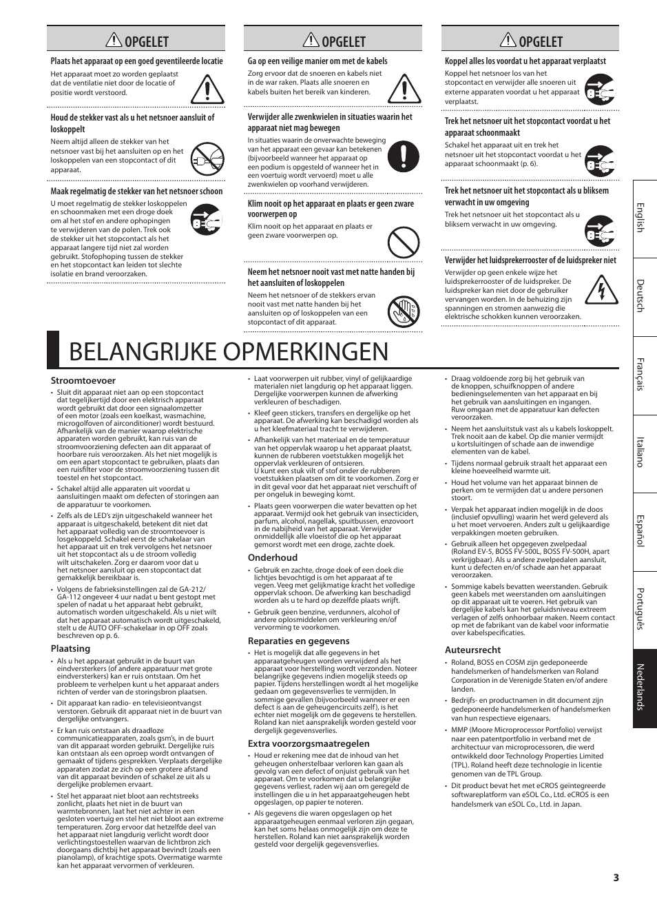 Belangrijke opmerkingen, Opgelet | Roland GA-212 User Manual | Page 77 / 92