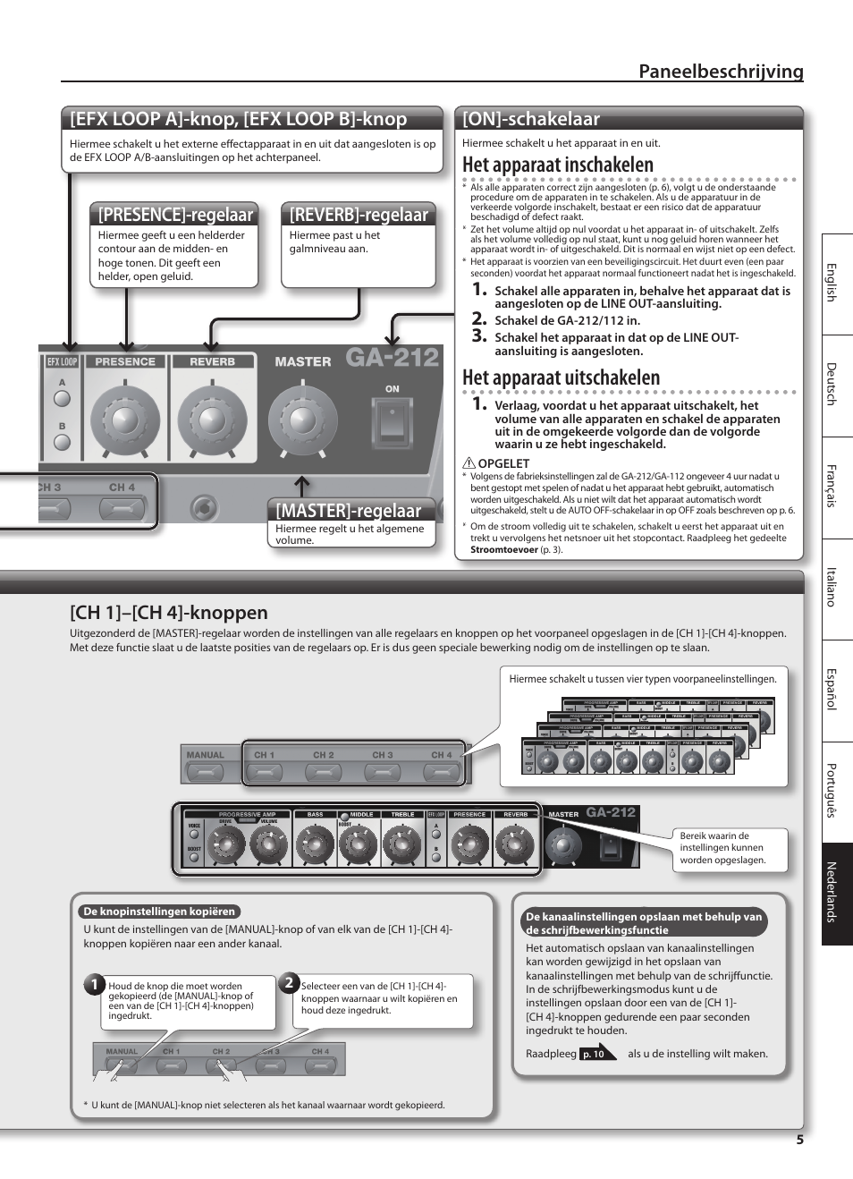 Het apparaat inschakelen, Het apparaat uitschakelen, Paneelbeschrijving | Efx loop a]-knop, [efx loop b]-knop, On]-schakelaar, Master]-regelaar, Presence]-regelaar, Reverb]-regelaar, Ch 1]–[ch 4]-knoppen | Roland GA-212 User Manual | Page 79 / 92