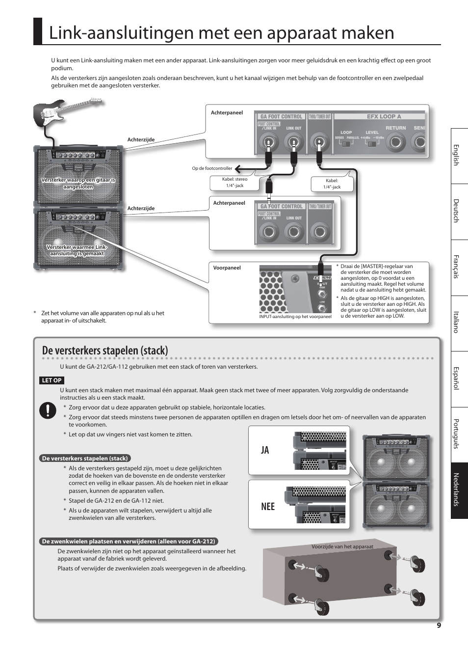 Link-aansluitingen met een apparaat maken, De versterkers stapelen (stack), Ja nee | Roland GA-212 User Manual | Page 83 / 92