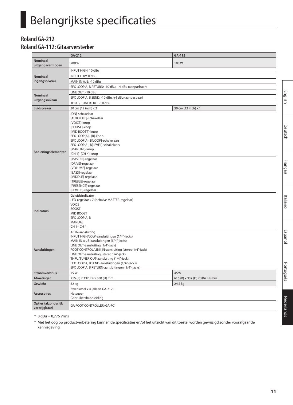 Belangrijkste specificaties | Roland GA-212 User Manual | Page 85 / 92