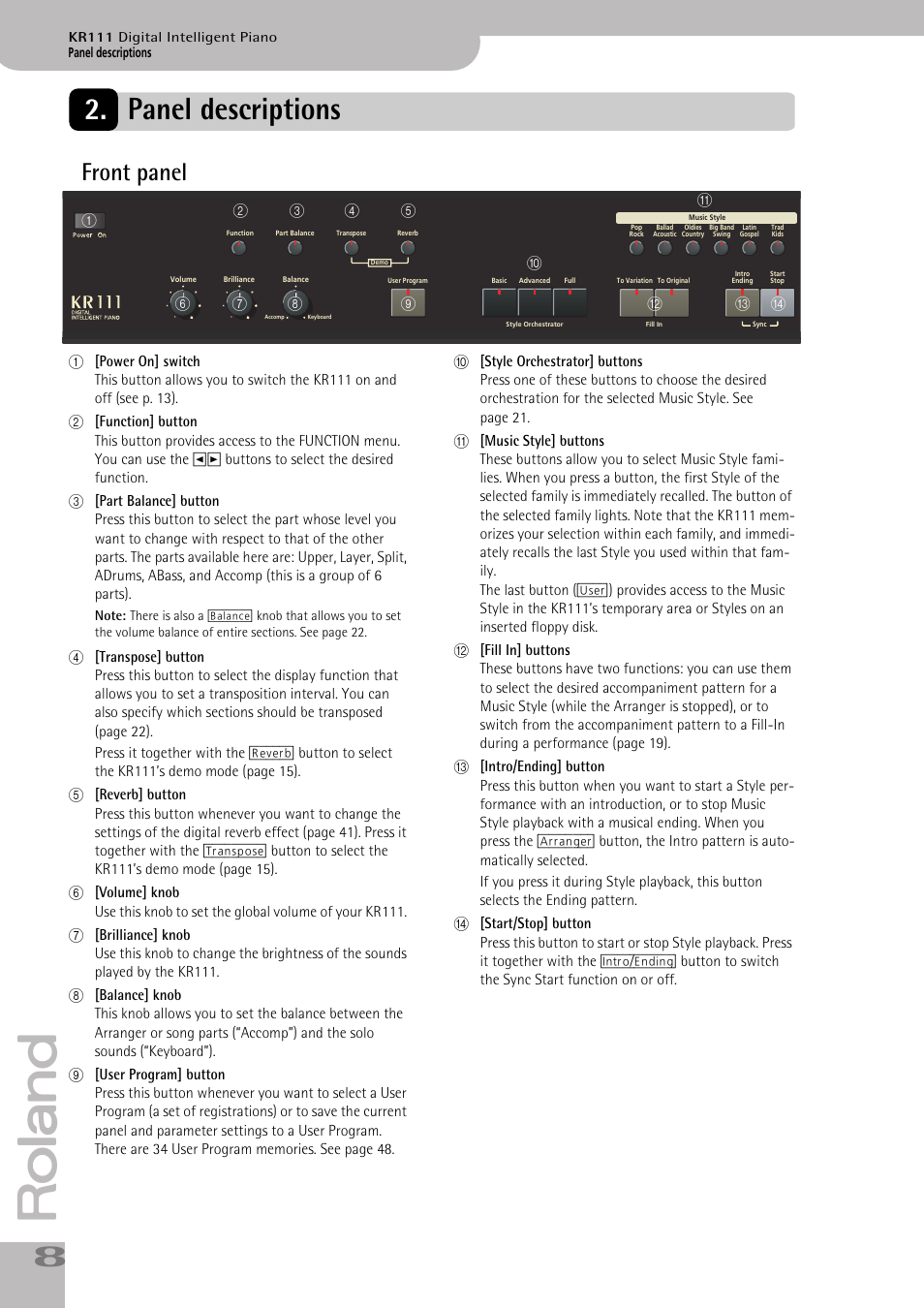 Panel descriptions, Front panel | Roland KR111 User Manual | Page 10 / 186