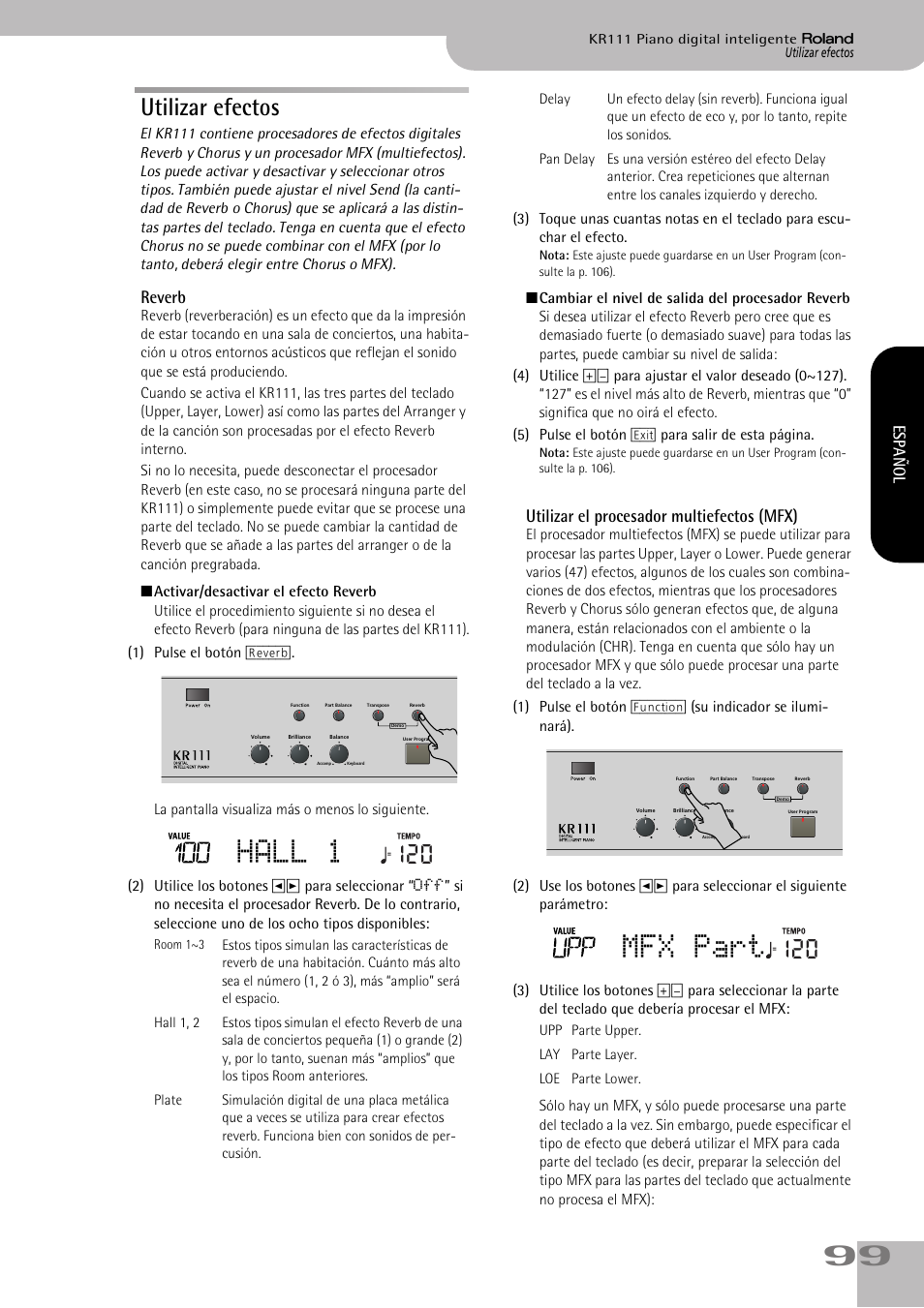 Hall 1, Mfx part, Utilizar efectos | Reverb, Utilizar el procesador multiefectos (mfx), Español | Roland KR111 User Manual | Page 101 / 186