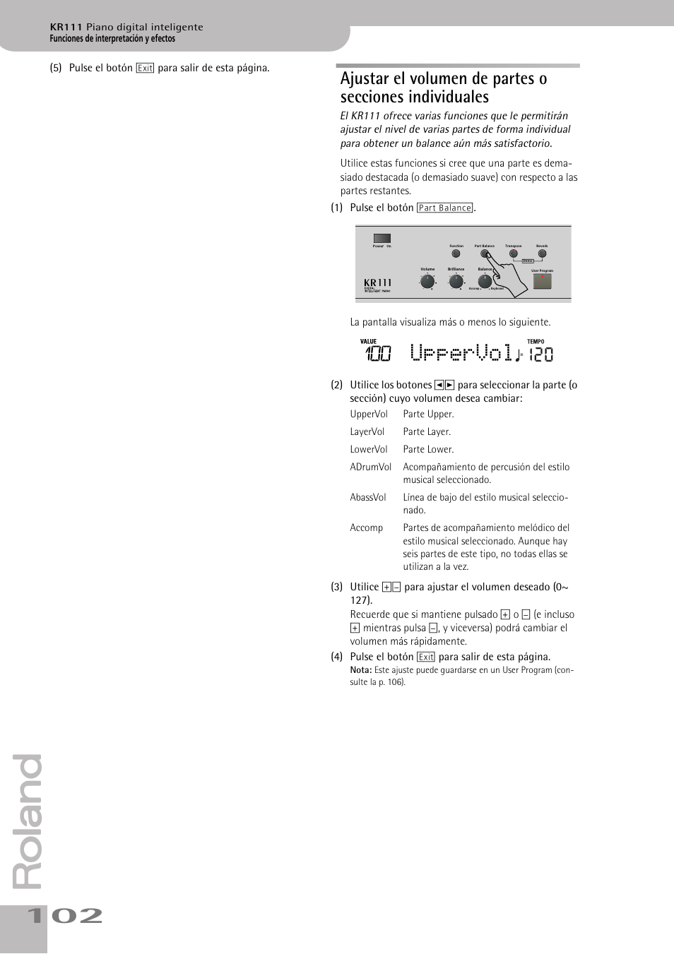 Uppervol | Roland KR111 User Manual | Page 104 / 186