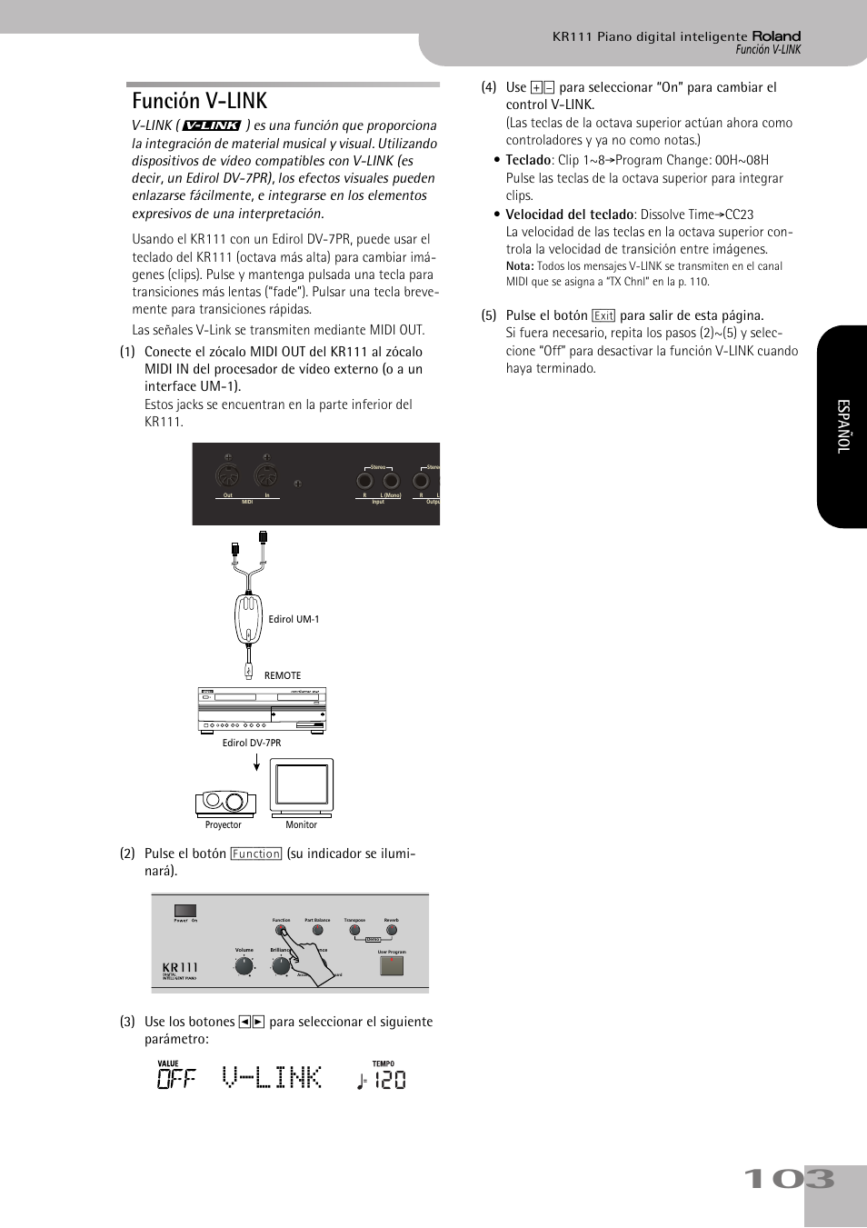 V-link, Función v-link, Español | Roland KR111 User Manual | Page 105 / 186