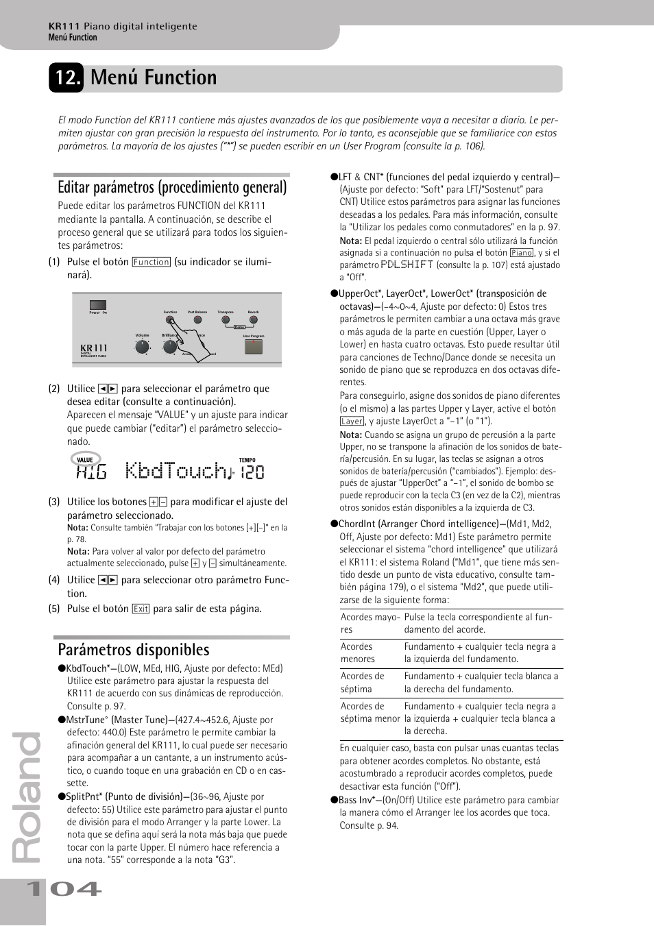 Menú function, Kbdtouch, Editar parámetros (procedimiento general) | Parámetros disponibles | Roland KR111 User Manual | Page 106 / 186