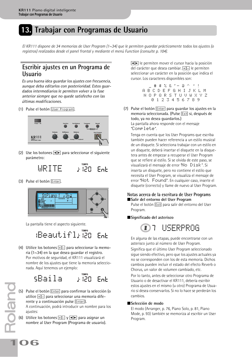 Trabajar con programas de usuario, Write, Beautifl | Baila, Userprog, Escribir ajustes en un programa de usuario, 120 ent | Roland KR111 User Manual | Page 108 / 186