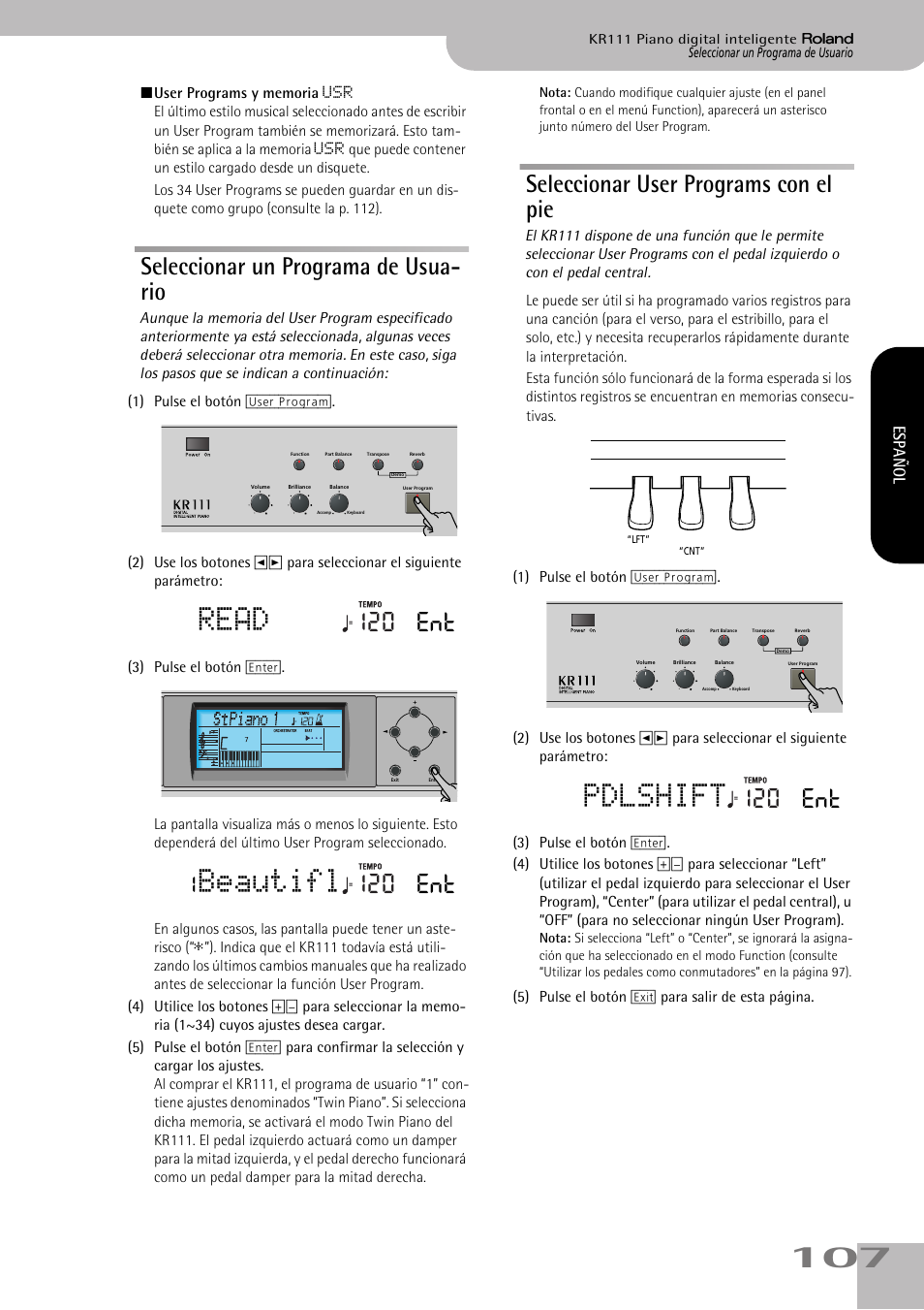 Read, Beautifl, Pdlshift | Seleccionar un programa de usua- rio, Seleccionar user programs con el pie, 120 ent, Español | Roland KR111 User Manual | Page 109 / 186