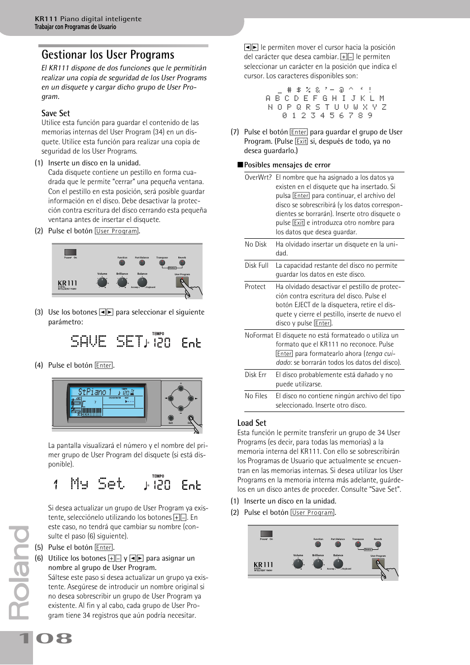 My set, Gestionar los user programs, 120 ent | Save set, Load set | Roland KR111 User Manual | Page 110 / 186