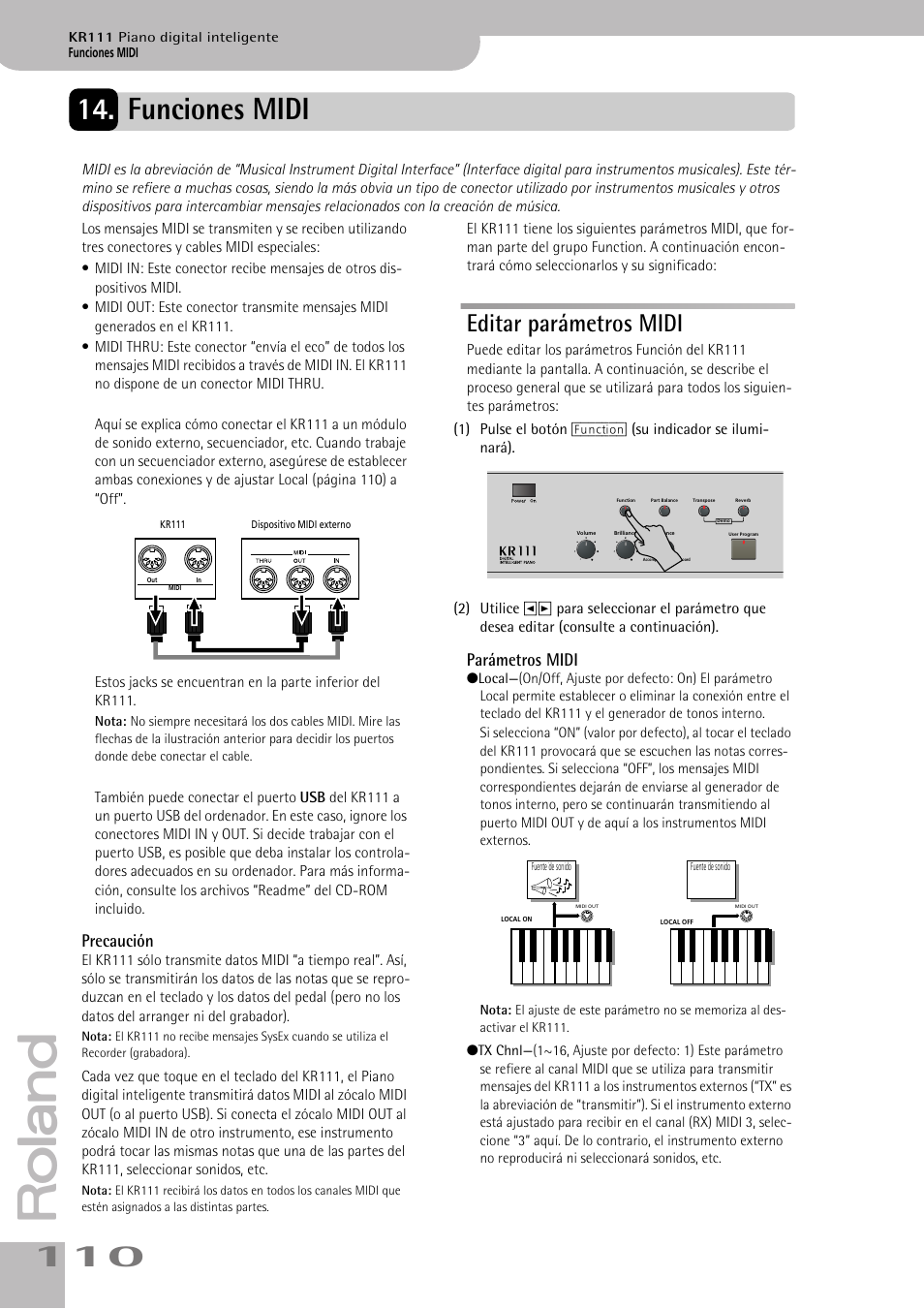 Funciones midi, Editar parámetros midi, Precaución | Parámetros midi | Roland KR111 User Manual | Page 112 / 186