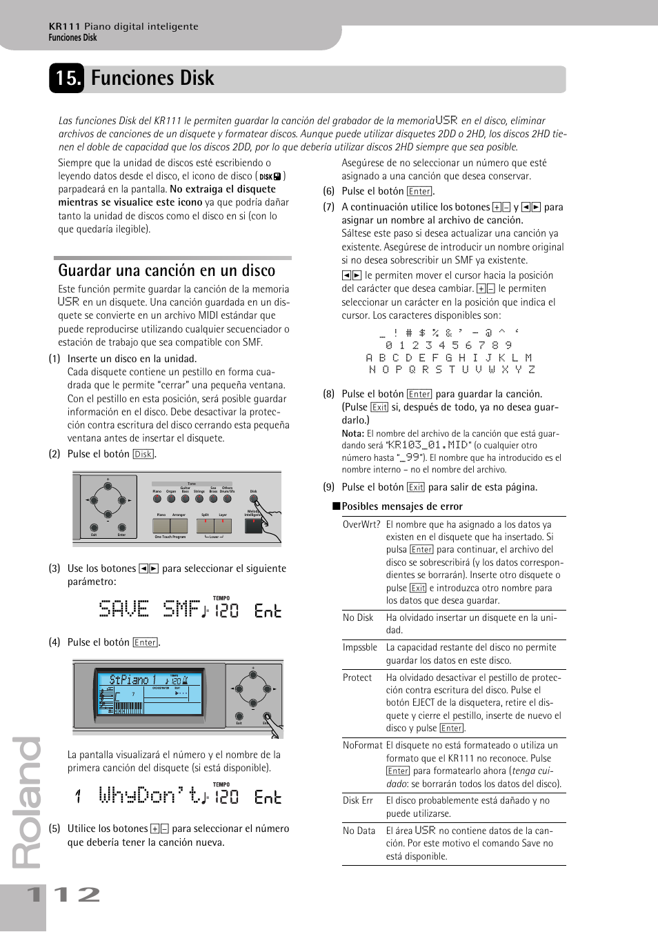 Funciones disk, Save smf, Whydon't | Guardar una canción en un disco, 120 ent | Roland KR111 User Manual | Page 114 / 186