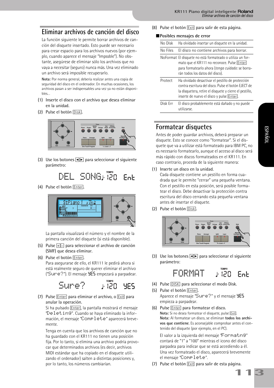 Del song, Sure, Format | Eliminar archivos de canción del disco, Formatear disquetes, 120 ent, 120 yes, Español | Roland KR111 User Manual | Page 115 / 186
